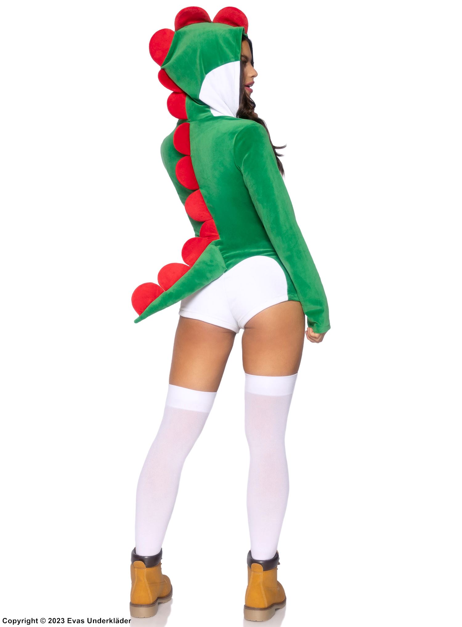 Dinosaur (woman), costume romper, velvet, long sleeves, front zipper, tail
